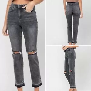 Pantalones de mezclilla elásticos rectos ajustados de tiro alto Vervet Jeanne 13 31 gris lavado negros nuevos con etiquetas - Imagen 1 de 14