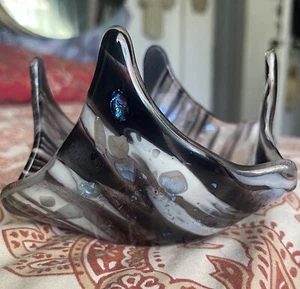 Vintage Fused Glass Handkerchief Vase Black White Blue Stripe Art Candle Holder - Picture 1 of 15