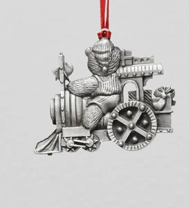 Wallace Silversmiths Pewter Ornament - TEDDY BEAR RIDING TRAIN - Two sided Xmas - Picture 1 of 5