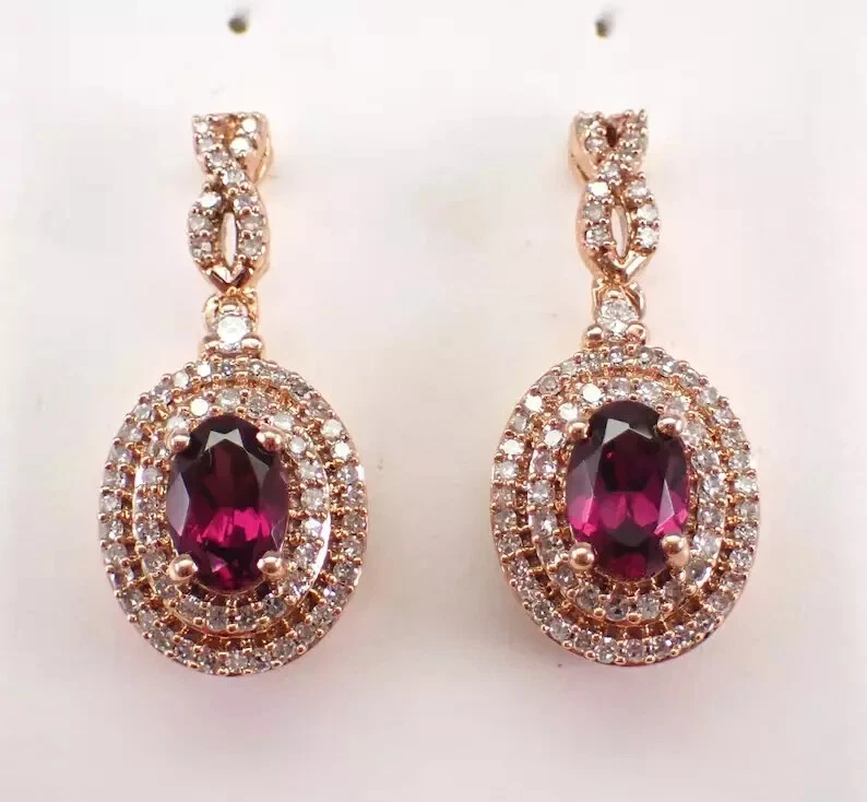 3Ct Oval Cut Lab-Created Garnet Halo Drop Dangle Earrings 14K Rose Gold Plated - Image 1 of 4