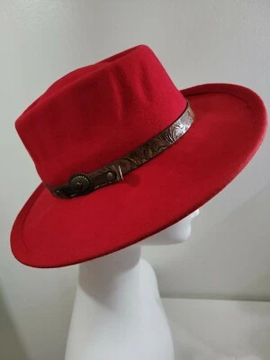 Betmar womens Red Wool Felt Fedora Panama Hat Tooled Leather Band - Image 1 of 4