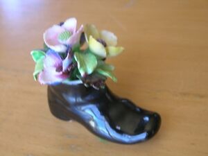 Vintage Porcelain Denton Best Bone China Shoe Boot England Applied Flowers 2"