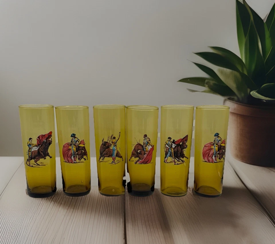 Juego de seis vasos altos ámbar soplado a mano matador taurino vintage barware, Foto 1 de 4
