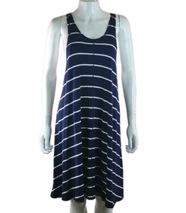 Mango Casual Navy Stripe Sleeveless Beach Summer Dress (L) Large Viscose Stretch - Picture 1 of 10