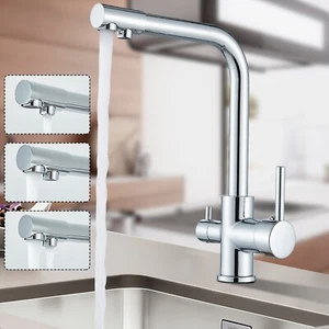 3 Way Pure Water Filter Kitchen Tap Dual Handle Swivel Sink Mixer Taps Chrome - Picture 1 of 12