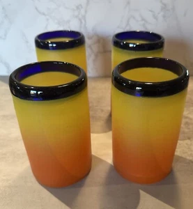 Set Of 4 Mexican Hand Blown Tumbler Orange/Yellow Ombre Drinking Glass 5 3/8” - Picture 1 of 11
