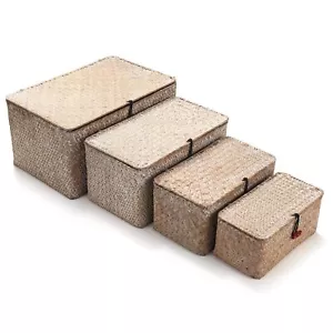 4 Pack Wicker Baskets With Lids Nautral Seagrass Storage Baskets Wicker Storage - Picture 1 of 9