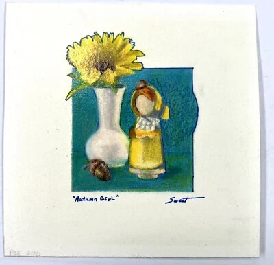 Pamela Sweet Colored Pencil & Ink Drawing Autumn Girl w/ Flower 5x5” Folk Art - Image 1 of 4