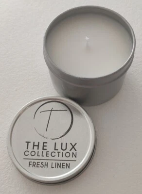 Vela con aroma a lino fresco 120 ml lata ecológica cera de soja vegana decoración del hogar Reino Unido Foto 1 de 4