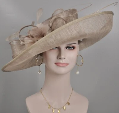 Iglesia Kentucky Derby Sombrero Carro Té Boda Ala Ancha Sinamay Sombrero Taupe Foto 1 de 4