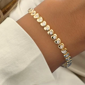 Round Cut Lab Grown Diamond Tennis Women Bracelet 14k White Gold Heart Bracelet - Picture 1 of 7
