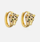 Gold-Tone Leopard Huggie Earrings with Black Enamel & Crystal Accents - Elegant