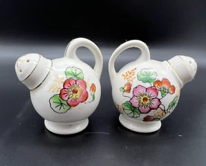 VTG Round Flower Pitcher Ceramic Salt & Pepper Shakers Hand Painted Gold Japan - Picture 1 of 8