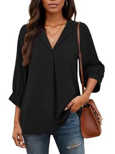 Damen Freizeit Chiffon V-Ausschnitt 3/4 Ärmel Business Tops Lose Arbeit Blusen - Bild 1 von 11