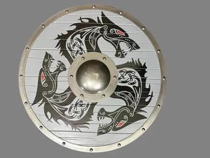Escudo de madera dragón vikingo medieval auténtico guerrero de batalla escudo hecho a mano - Imagen 1 de 4