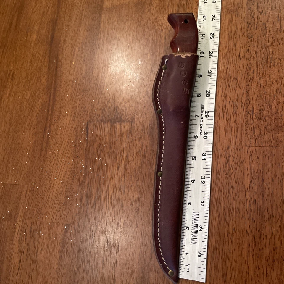 BUCK USA 122 木柄厕所钓鱼刀带原装皮革鞘 11 罕见 — 第 1/4 张图片