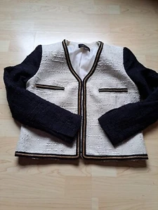 MANGO Ladies Beige And Black Short Tweed Effect Jacket Gold Trim. Size Eur... - Picture 1 of 12
