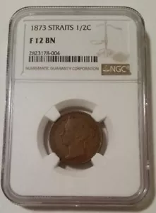 Straits Settlements (Malaysia) Victoria 1873 1/2 Cent F12 BN NGC - Picture 1 of 4