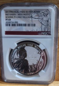 2017 PM FALKLANDS SILVER CROWN BRITANNIA REVERSE PROOF WITH MOTTO NGC PF69 - Picture 1 of 2