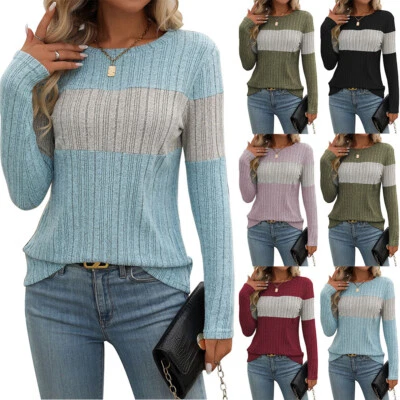 Ladies Striped Pullover Tops Shirts Long Sleeve Jumper Basic Blouse SIZE 8-20 uk - Image 1 of 4