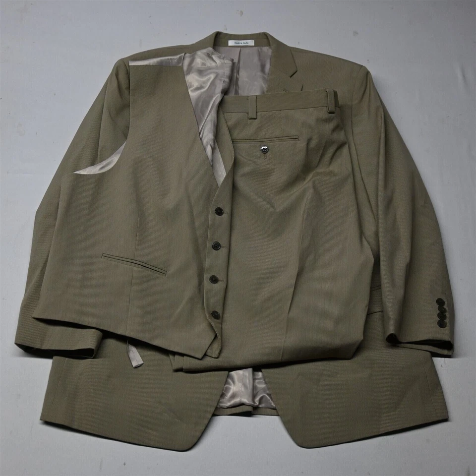Calvin Klein 46R 42x29 Khaki Stripe 3 Peice Mens Vest Jacket Pants Suit - Image 1 of 4