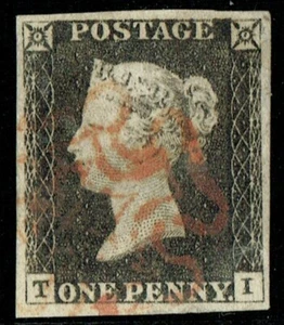 1840 1d Grey-Black Pl 3 TI 4m Light Red MX Missing Imprimatur VFU Cat. £500.00 - Picture 1 of 1