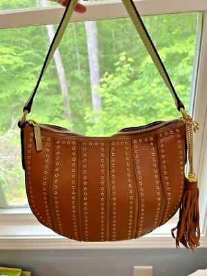 BRAND NEW w TAGS MICHAEL KORS Brooklyn Grommet Leather & Suede Hobo Bag, Caramel - Image 1 of 4
