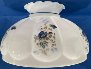 Large Milk Glass Ribbed Melon Oil Lamp Shade 13.75” Fitter ~HTF Blue Stripe Trim - Picture 1 of 10