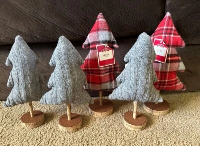 Fabric Holiday Time Christmas Trees Decor Lot x 5 Red Plaid / Gray Decorations - Image 1 of 4