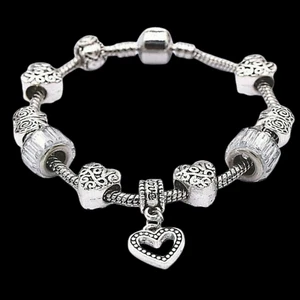 Heart Charm Beaded Bracelet Sterling Silver Size 6.5 - Picture 1 of 10