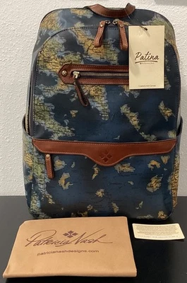 Patricia Nash Karina Greek Map Travel Backpack Canvas Leather 16.5x12x5.5 P2 New - Image 1 of 4