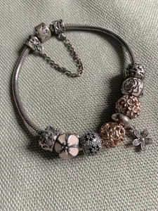 Pandora Silver Bracelet With beautiful genuine Pandora  Charms and safety chain  - Picture 1 of 6