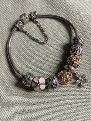 Pandora Silver Bracelet With beautiful genuine Pandora  Charms and safety chain  - Image 1 of 4