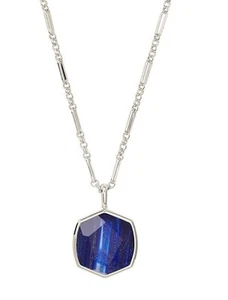 Kendra Scott Silver Davis Long Pendant Necklace Navy Dusted Glass Rhodium Brass - Picture 1 of 8