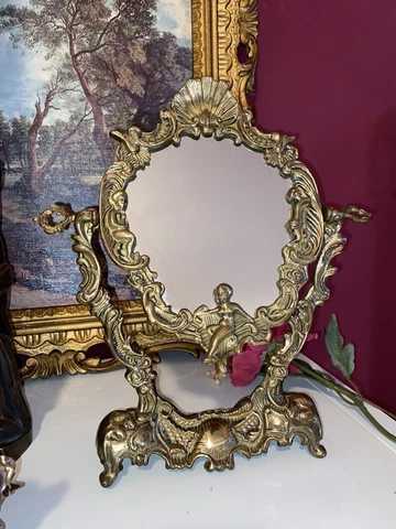 Art Nouveau Mirror Cherub Gold Tone Brass Oval Wall Hung Vintage Regency Vanity Cover