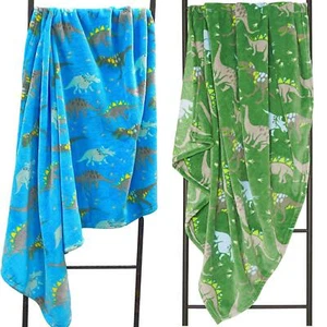 Flannel Fleece Dinosaur Blanket Green & Blue Kids Super Soft Fleece 100x150cm - Picture 1 of 11