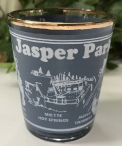 Vtg Jasper Park Canada 1 oz Shot Glass Columbia Ice Fields Hot Springs Tramway - Picture 1 of 7