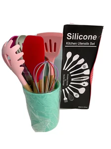 Silicone 11-Piece Set Wooden handle with bucket storage multicolor NEW - Picture 1 of 12
