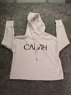 Calvin Klein Hoodie Womens Medium White Camo Spellout Sweatshirt Sweater Pocket • 11.49€