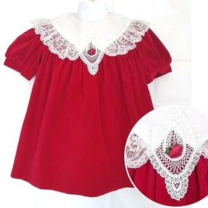 Vestido Vintage Somersaults Rojo Terciopelo Algodón Blanco Cuello Encaje Vacaciones de Navidad 3T - Imagen 1 de 7