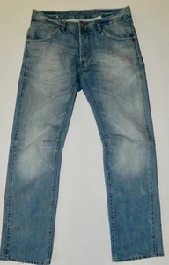 MEN'S H&M LIGHT BUTTON-FLY JEANS SZ 33X34 DENIM COTTON/POLYESTER BLEND DISTRESSE - Picture 1 of 9