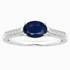 East-West Oval Blue Sapphire Gemstone Solitaire Ring In 925 Sterling Silver