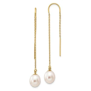 14k 7-8mm White Rice Freshwater Cultured Pearl Dangle Threader Earrings - Picture 1 of 3