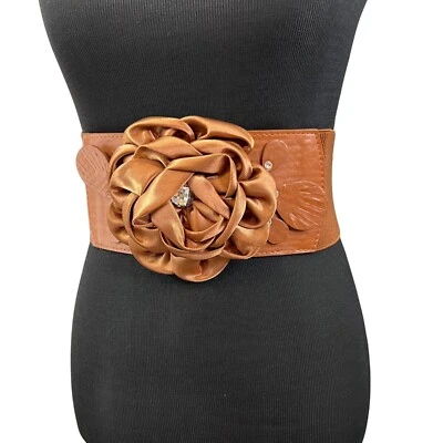 AP Belts Floral Stretch Belt Wide Satin Flower Rhinestone Caramel Brown Elastic - Image 1 of 4
