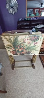 Folding TV Trays Cart Retro Mid Century W/ Carry Stand Set of four NICE! - Image 1 of 4