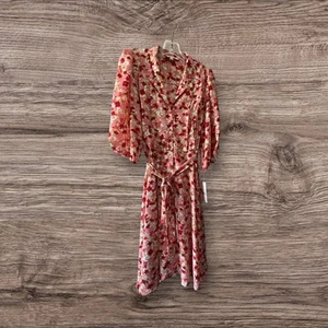 NANETTE LEPORE Dress Size 10 Pink Floral Pleated Tie 3/4 Sleeve Button Down 1143 - Picture 1 of 8