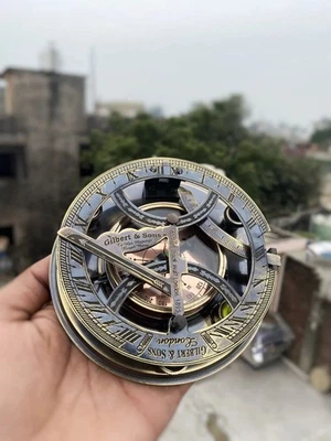 黄铜 Gilbert & Sons 日晷指南针 I 带木盒 I 古董工作黄铜 — 第 1/4 张图片