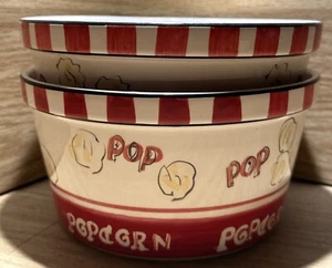 2 Popcorn Ceramic Bowl Tabletops Kitchen Chef Movie Room Home Decor Red White - Picture 1 of 8