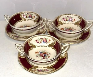 Staffordshire MYOTT BOUQUET 3 CREAM SOUP BOWLS & 4 LINER PLATES - Picture 1 of 1