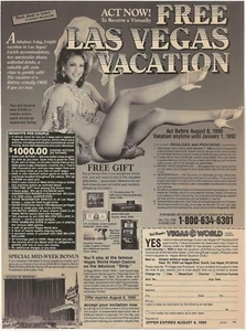 Anuncio impreso vintage Vegas World - Las Vegas Vacation - Showgirl - agosto 1990 - Imagen 1 de 5
